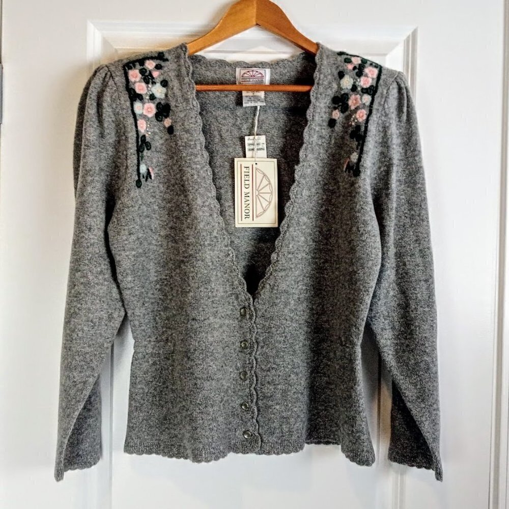 Vintage Field Manor Grey Embroidered Lambswool Cardigan